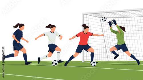 Exciting scene from a women's soccer match depicting players in action near the goal, with one player shooting and the goalkeeper attempting a save.