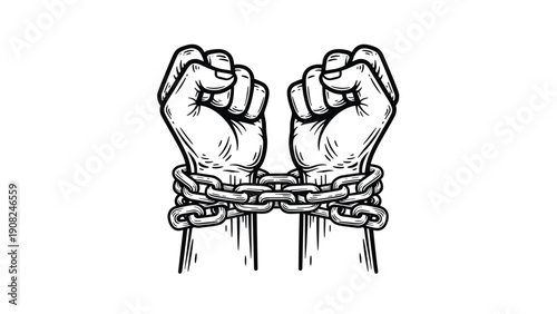 Vintage-style illustration depicting two human hands tightly bound by a heavy metal chain, symbolizing captivity, oppression, and a longing for freedom.