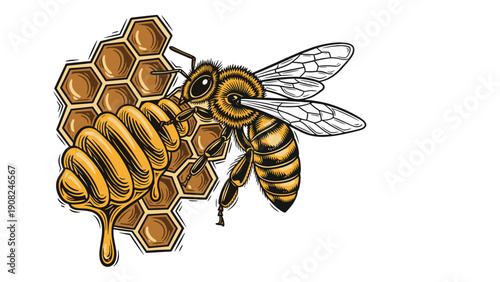 Detailed vintage illustration of a busy honey bee on a golden honeycomb, with sweet honey dripping, symbolizing nature's bounty and hard work.