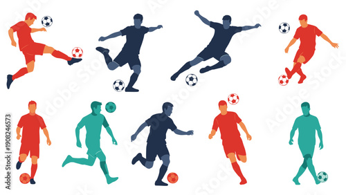 Collection of colorful silhouettes depicting male soccer players in various dynamic poses, kicking and running with soccer balls, perfect for sports design.
