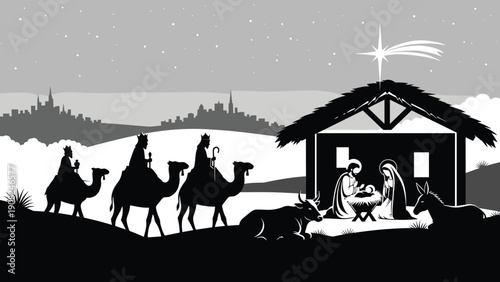 Serene black and white silhouette of the Nativity scene featuring Mary, Joseph, baby Jesus, animals, and the Three Wise Men on camels approaching a village.