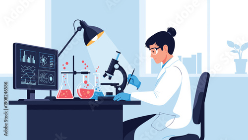 Dedicated female scientist in a lab coat and gloves, meticulously working with a microscope and beakers, conducting research in a modern laboratory setting.