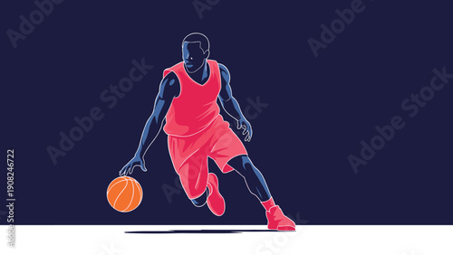 Stylish neon-style illustration of a basketball player in red uniform, dynamically dribbling the ball against a dark blue background, showcasing fluidity and skill.