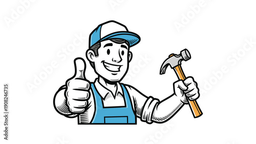 Cheerful repairman in a blue uniform and cap, holding a hammer and giving a confident thumbs-up, representing reliable handyman service and successful repairs.