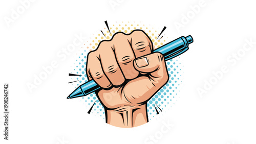 Dynamic pop art illustration of a clenched fist firmly holding a blue pen, symbolizing writing, communication, creativity, and the power of expression.