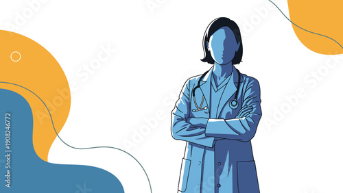 Professional female doctor in a lab coat with a stethoscope, standing confidently with arms crossed against an abstract white, blue, and yellow background.