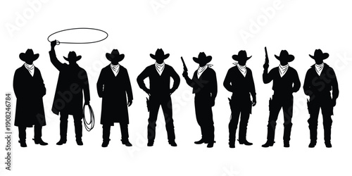 Cowboy silhouettes with hats, lassos, and pistols in Western frontier poses on white background.