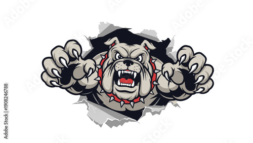 Aggressive bulldog mascot with sharp teeth and claws, powerfully tearing through the background, symbolizing strength, determination, and a fierce, unyielding spirit.