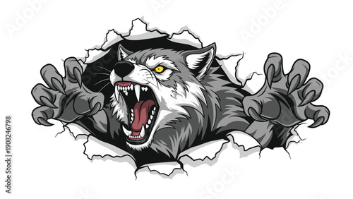 Fierce wolf mascot with glowing yellow eyes and sharp claws, powerfully tearing through the background, symbolizing wildness, strength, and aggressive determination.