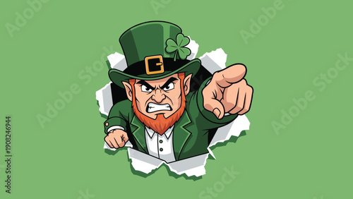Fierce leprechaun cartoon character wearing a traditional green suit and top hat, bursting through a ripped green background, pointing directly at the viewer.
