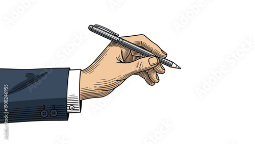 Elegant hand of a person in a business suit holding a writing pen, poised to create or sign something on an invisible surface, vintage illustration.