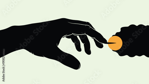 Minimalist artistic representation of two dark hand silhouettes reaching for a small, bright orange light or spark between them.