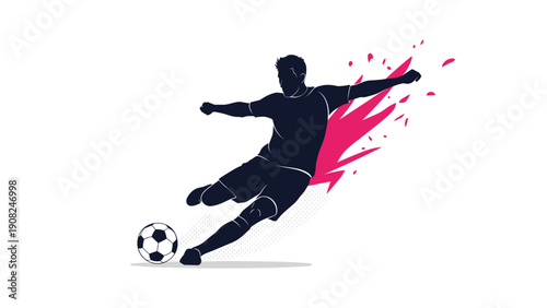 Energetic vector graphic of a soccer or football player in action, striking the ball with force and speed, with a pink dynamic splash effect.