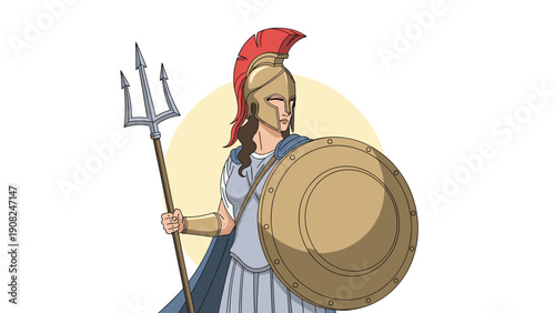 Strong and courageous Roman goddess Minerva or Greek goddess Athena, depicted in full armor with a trident and shield, standing heroically.