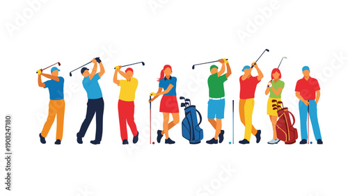 Collection of male and female golf players in different action shots, showcasing swings and stances on the course, with equipment.