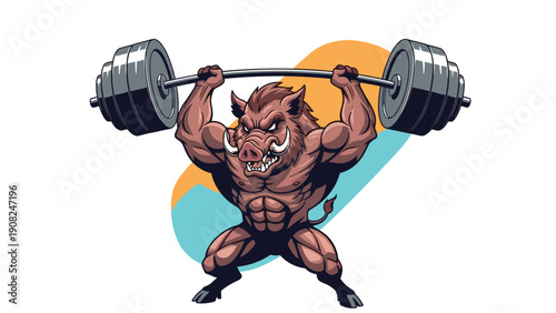 Fierce and strong cartoon hog or wild pig character, actively weightlifting a barbell, designed as a gym or sports team mascot.