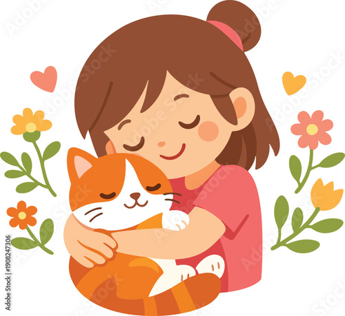 Cute flat vector illustration of a young girl hugging a cat with flowers around.