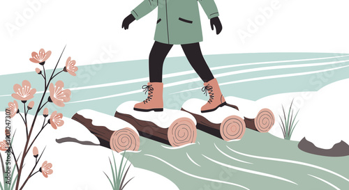 Winter Walk: Person Crossing Stream on Snow-Covered Logs, Blooming Branch