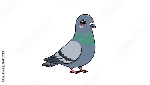 Cute and friendly animated dove or pigeon character with colorful feathers, looking ahead with a sweet expression, vector illustration.