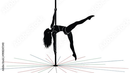 Elegant vector graphic of a female pole dancer in a challenging pose, demonstrating athletic skill and fluid movement in performance.
