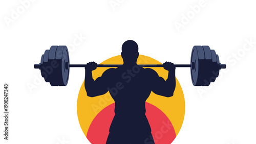 Dynamic vector graphic depicting a strong man lifting weights, with a colorful abstract sun or circle design behind him, representing fitness.