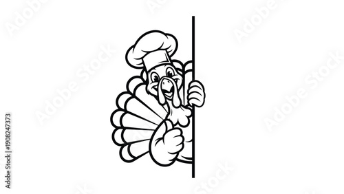 Friendly outline drawing of a Thanksgiving turkey mascot wearing a chef's hat, showing positive approval with a thumbs-up gesture.