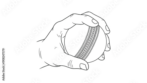 Precise outline drawing of a hand holding a cricket ball, showcasing the seam and grip, for sports illustrations or instructional guides.