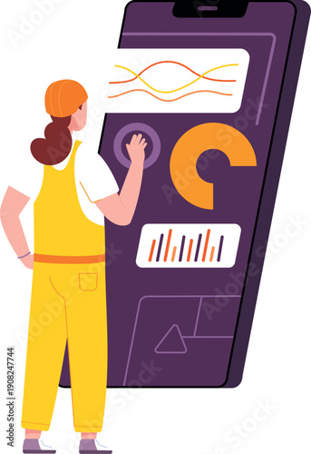 Work automation panel. Industrial worker woman press on screen