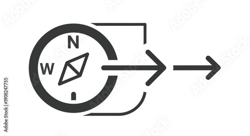 Simple black and white illustration of a compass with an arrow pointing right
