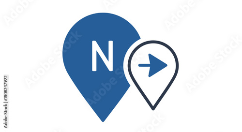 Blue location pin with a white arrow indicating direction on a white background