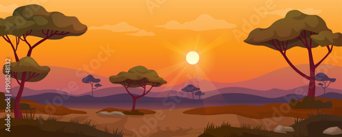 Savannah background. Cartoon african nature sunset landscape