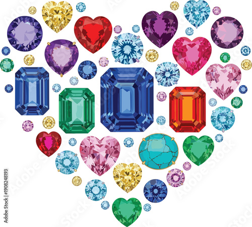 Vector illustration of various colorful gemstones and diamonds arranged in a heart shape for romantic jewelry and luxury gift concepts।