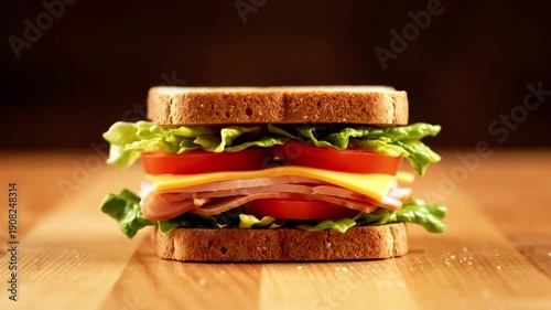Watch a delicious sandwich assemble itself with fresh ingredients, featuring vibrant lettuce, juicy tomatoes, savory ham, and creamy cheese, perfect for quick meal inspiration.