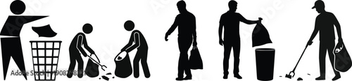 Set of garbage workers silhouettes: man carrying trash bags, pushing bin, person throwing waste into container, employee closing dumpster lid, staff sorting bins, two men lifting bin together, loading