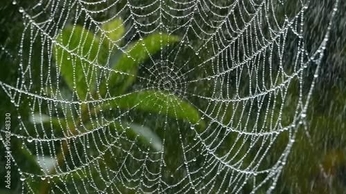 A spider web covered in dew drops intricately woven around a green leaf in a lush garden viewed from a close-up perspective