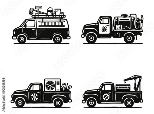Essential Service Vehicle Icon Set - HVAC, Pest Control, Cleaning, and Repair