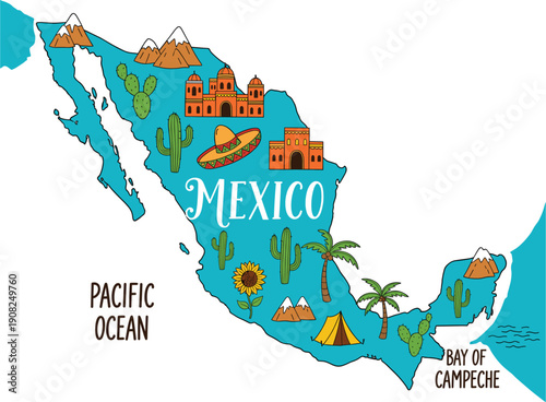 Vector illustration of Mexico map featuring cultural landmarks cactus sombrero mountains and landmarks for travel and tourism concepts।