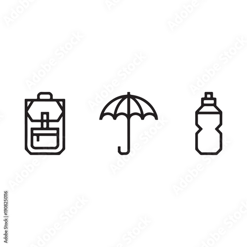 A simple graphic illustration featuring a lunch box umbrella and water bottle icons in black lines