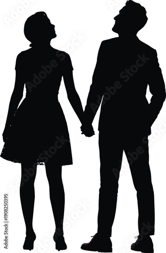 Silhouette couple holding hands looking up on white background vector illustration