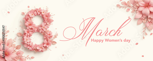 Greeting card for International Women's Day (March 8).Pink number 8 with roses on a pink background with an inscription. vector Illustration