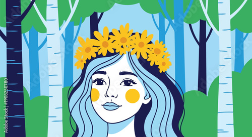 Blue haired woman with yellow flower crown in birch forest vector