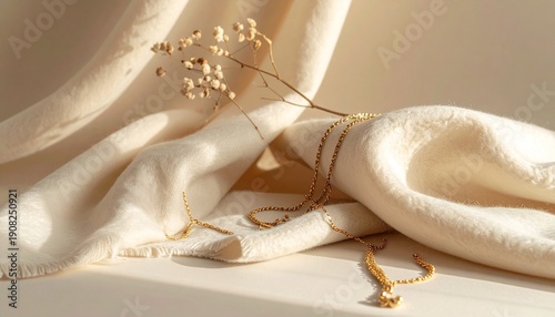 Elegant minimalist still life with soft cashmere fabric and gold jewelry in neutral tones. Semi-realistic scene emphasizing luxury, softness, and refined simplicity.