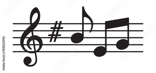 Black and white music staff with treble clef, sharp, and various notes vector illustration