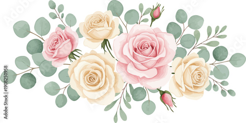 Beautiful bouquet of pink and white roses with eucalyptus leaves on white background