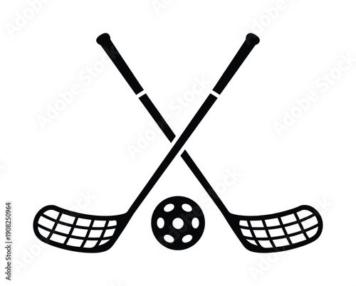Black vector graphic of floorball sticks crossed with a ball at the center