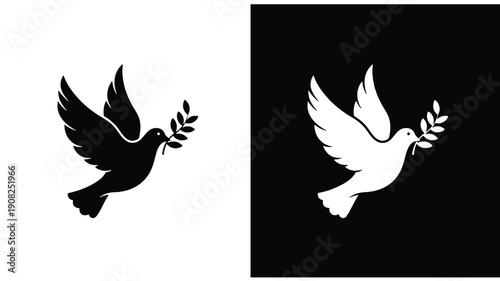 Dove peace symbol silhouette with olive branch, black and white negative space icons on split background, minimal flat vector style for logo, poster, web and print design