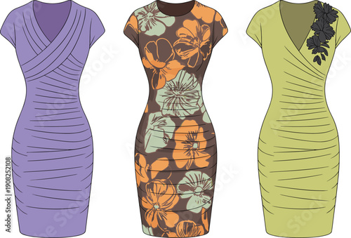                  Bodycon dresses, pleated design, floral pattern, shoulder applique, V-neck, round neck, short sleeves, fashion sketch, CAD drawing, vector illustration