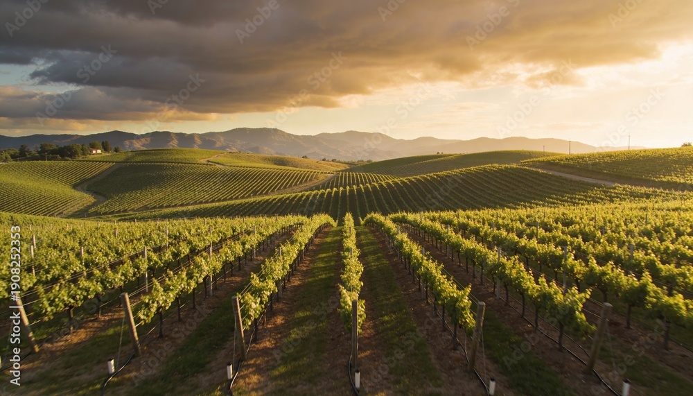 Naklejka premium Drone aerial view of vineyard rows on hills, agricultural landscape, wine production farming, rural countryside, precision agriculture and land cultivation