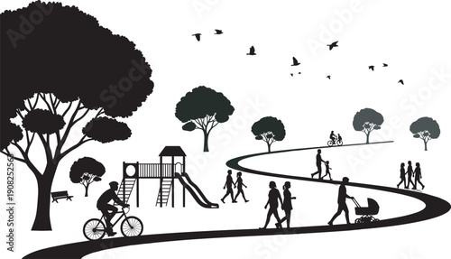 Black silhouette collection of diverse families with parents holding hands with children carrying babies and pushing strollers isolated on white background for parenting concept