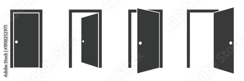 Door Icons Set Vector – Open, Closed, and Ajar Flat Style Illustration